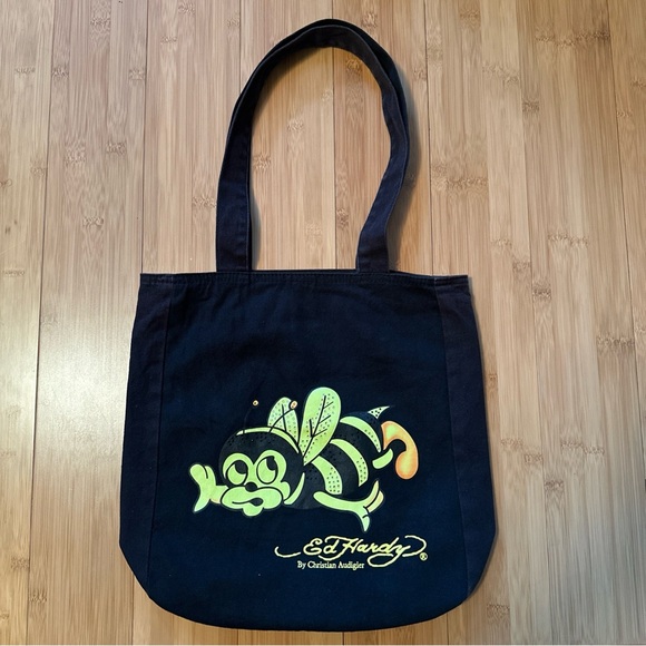 Rare Ed Hardy By Christian Audigier Busy Misha Bee Style Black Cotton Tote Bag - Picture 1 of 16